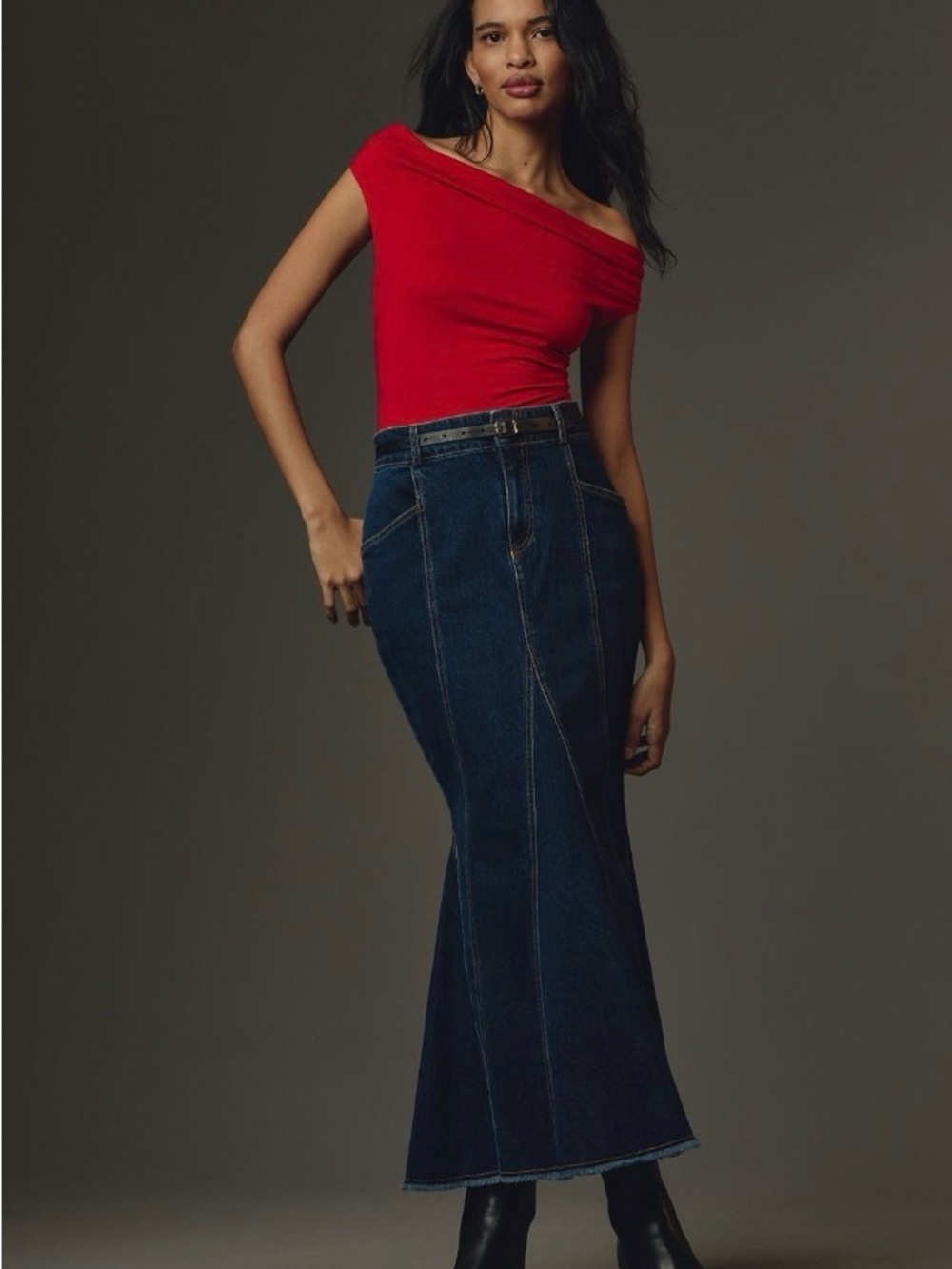 NWT Pilcro Dark Blue Denim Fluted Maxi Skirt (Med)